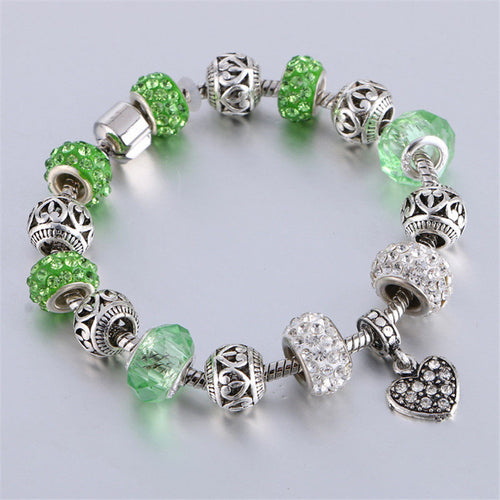 Cute Silver Charm Bracelet Lovely Green Cristal Color