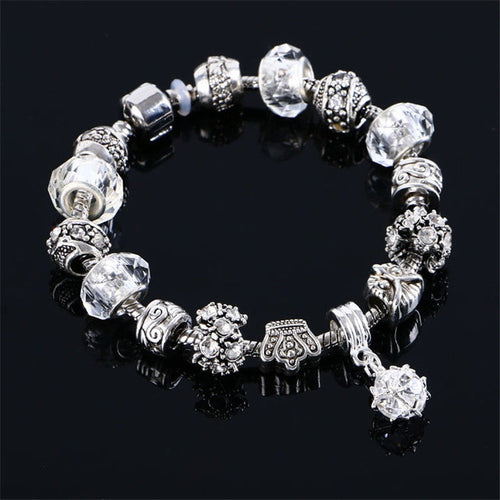Cute Silver Charm Bracelet Lovely White Cristal Color